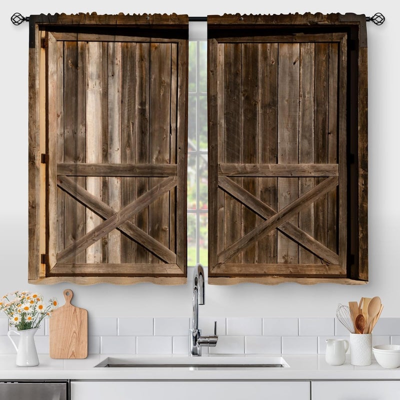 Aimego Farmhouse Wood Kitchen Curtains - Vintage Wooden Barn Door Country Small Short Tier Window Curtains for Bathroom Living Dining Room Decor Rod Pocket Window Drapes 36 Inch Length Set 28"x36" - Image 1